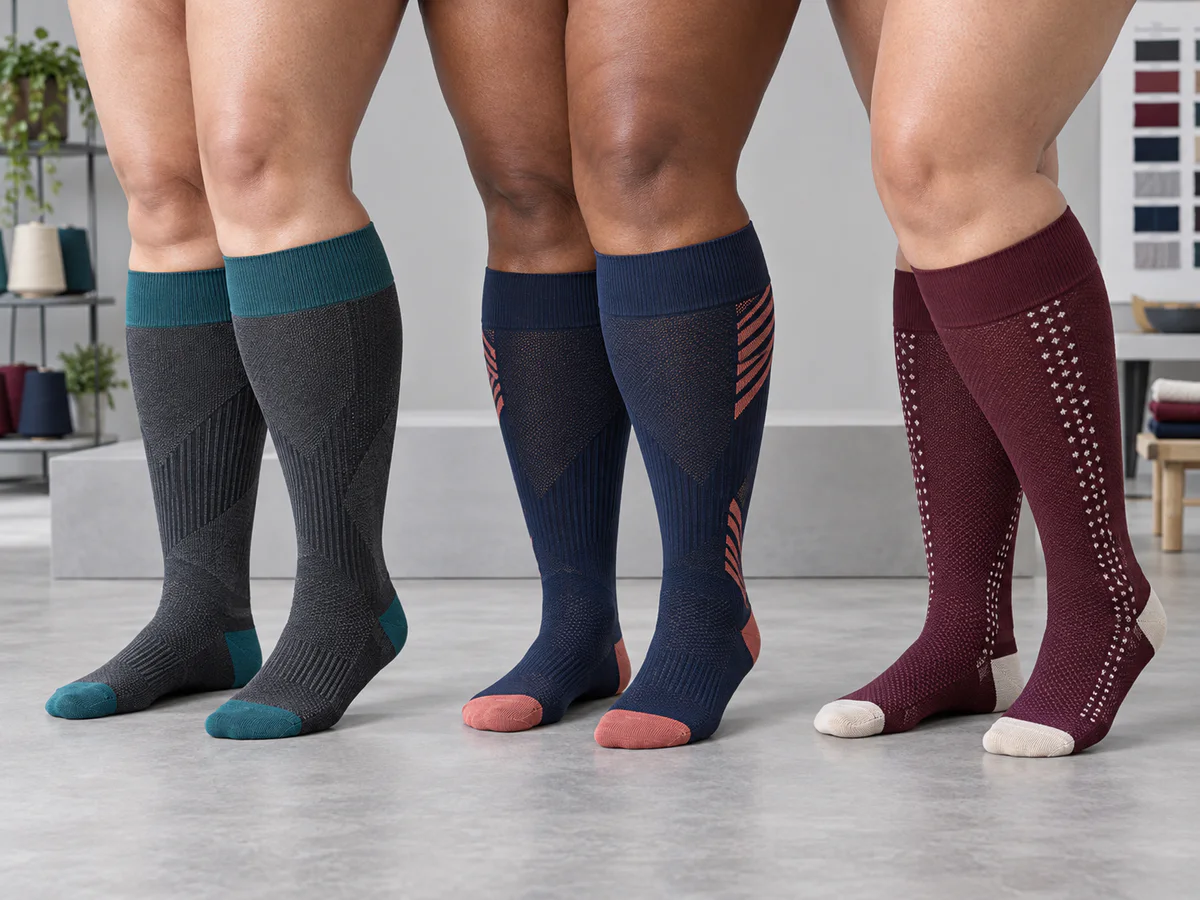 Three colorways of plus size wide calf compression socks on adult wearers