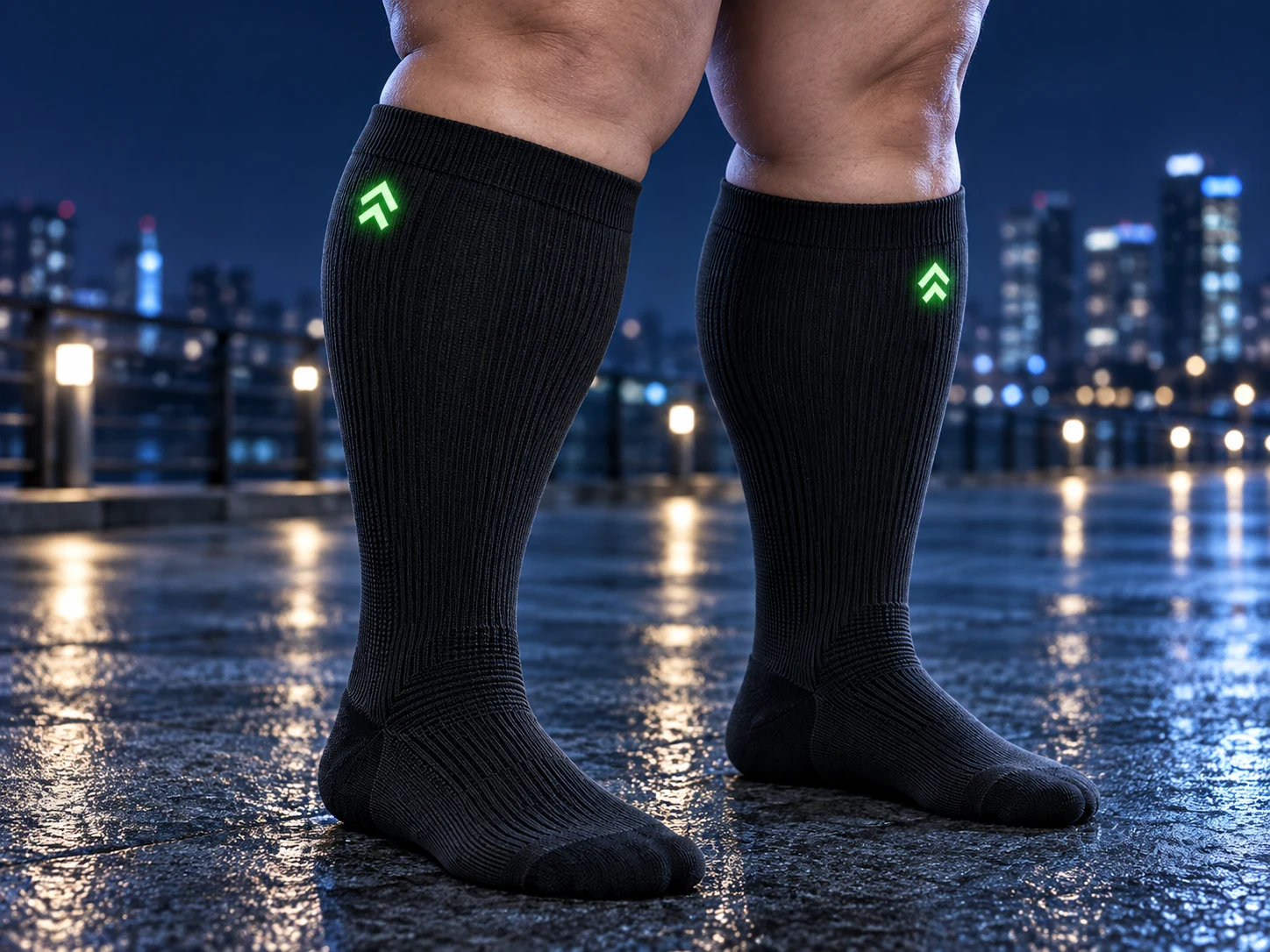 Plus size adult wearing black wide calf compression socks with glowing green custom logo emblems