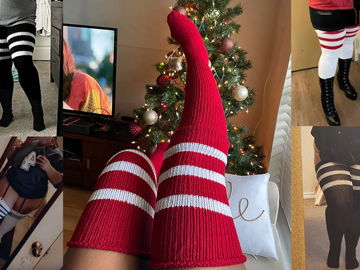 Plus size thigh-high socks shown on inclusive body sizes